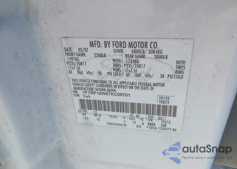 2007 Ford F-150 Stx/Xl/Xlt z USA, uszkodzony, nr VIN 1FTRF12W57KC09701